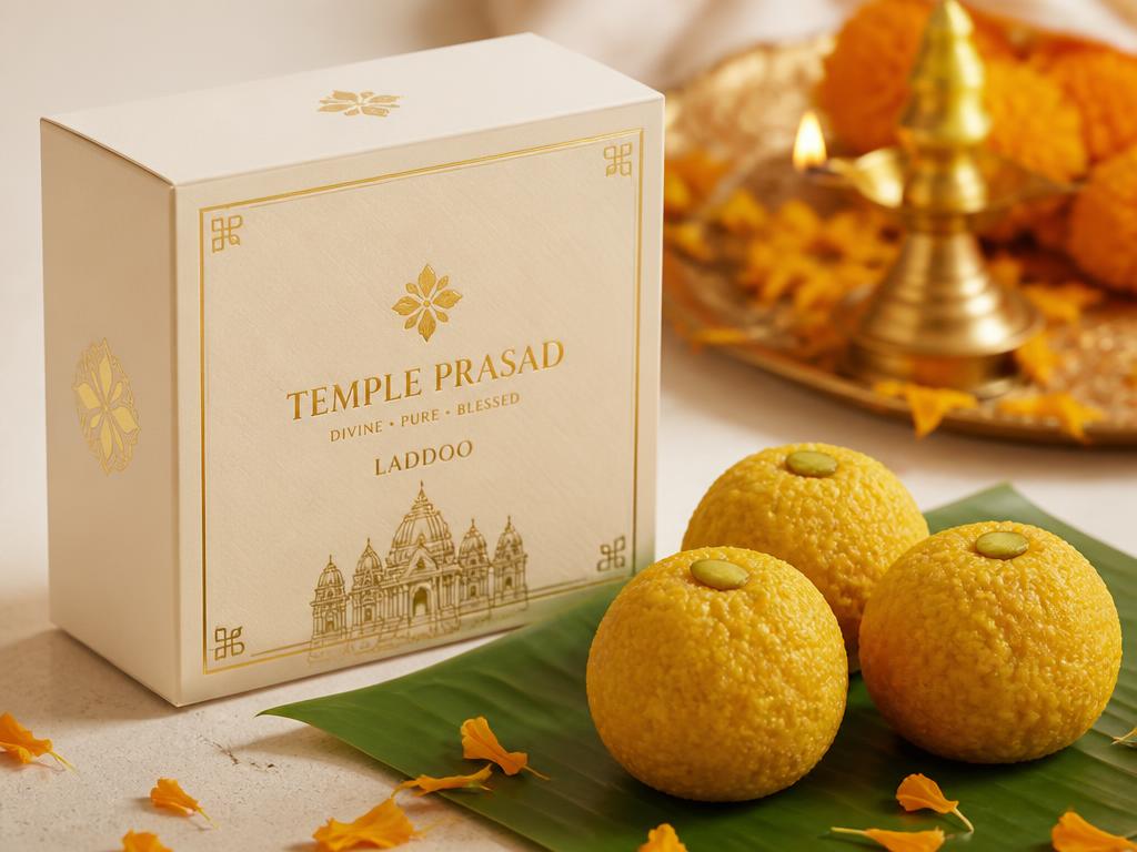 Temple prasad laddoos in premium ivory and gold packaging