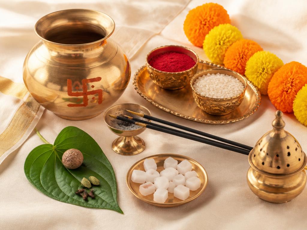 Brass kalash, kumkum, rice, betel leaves and marigold arranged for puja