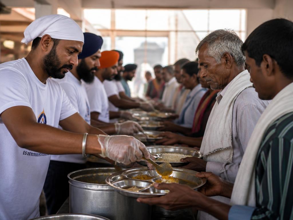 Volunteers serving meals during an annadaan service
