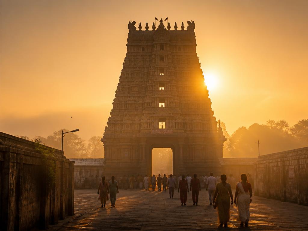Temple gopuram at sunrise with devotees walking in